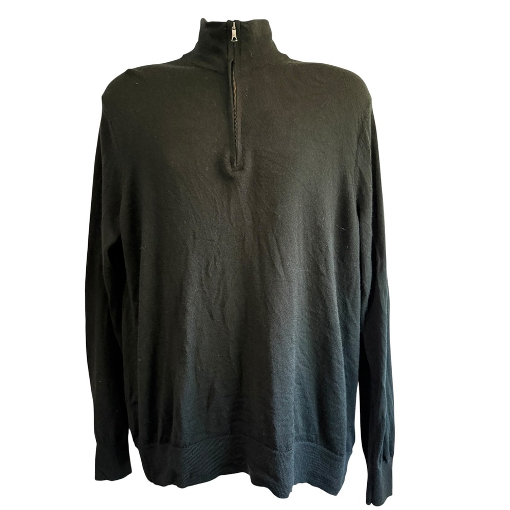 Brooks Brothers Mens Large Black 100% Merino Wool Quarter Zip Pullover Sweater